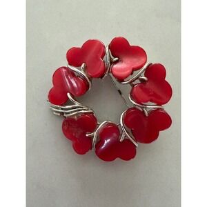 Vintage Red Heart Wreath Brooch Silver Tone Mid Century Retro Pin
